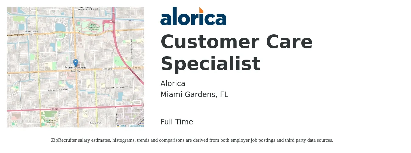 Alorica job posting for a Customer Care Specialist in Miami Gardens, FL with a salary of $15 Hourly with a map of Miami Gardens location.