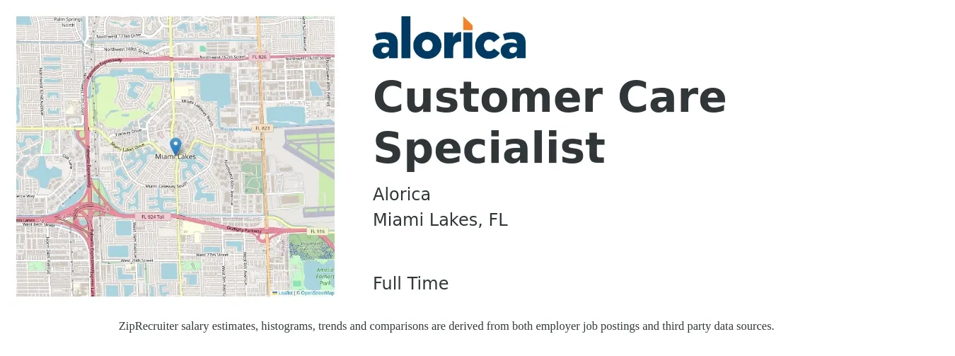 Alorica job posting for a Customer Care Specialist in Miami Lakes, FL with a salary of $15 Hourly with a map of Miami Lakes location.