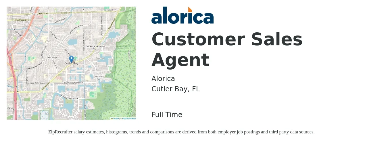 Alorica job posting for a Customer Sales Agent in Cutler Bay, FL with a salary of $17 Hourly with a map of Cutler Bay location.