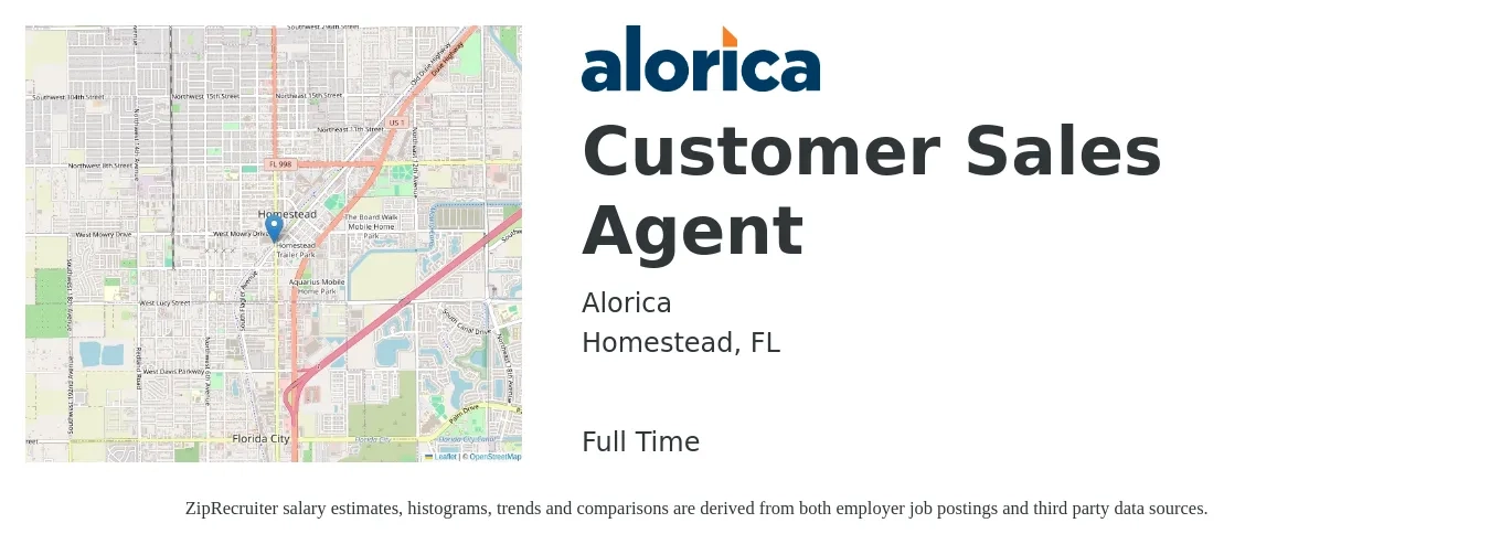 Alorica job posting for a Customer Sales Agent in Homestead, FL with a salary of $17 Hourly with a map of Homestead location.