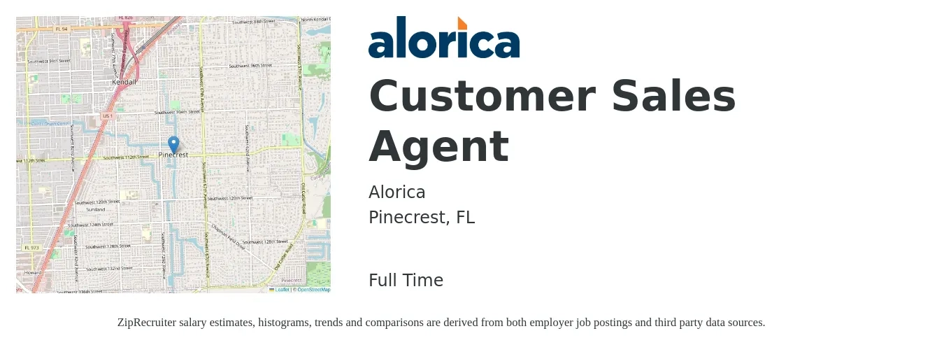 Alorica job posting for a Customer Sales Agent in Pinecrest, FL with a salary of $17 Hourly with a map of Pinecrest location.