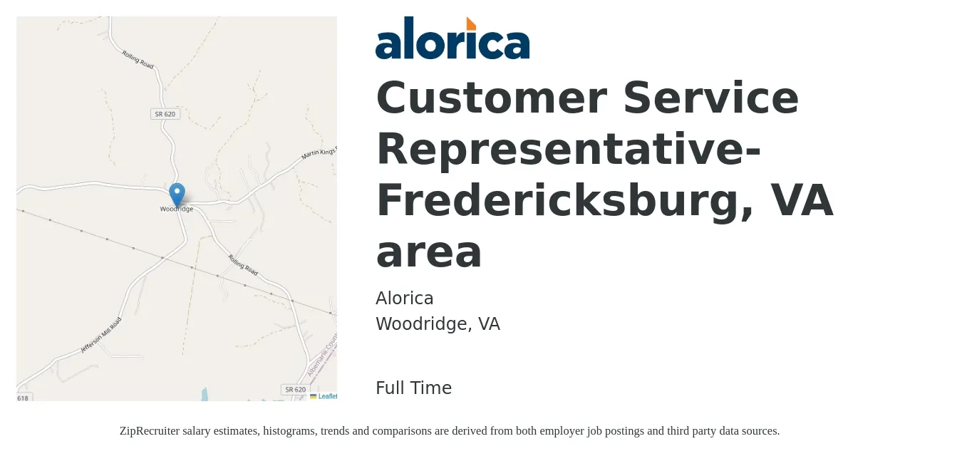 Alorica job posting for a Customer Service Representative- Fredericksburg, VA area in Woodridge, VA with a salary of $18 Hourly with a map of Woodridge location.