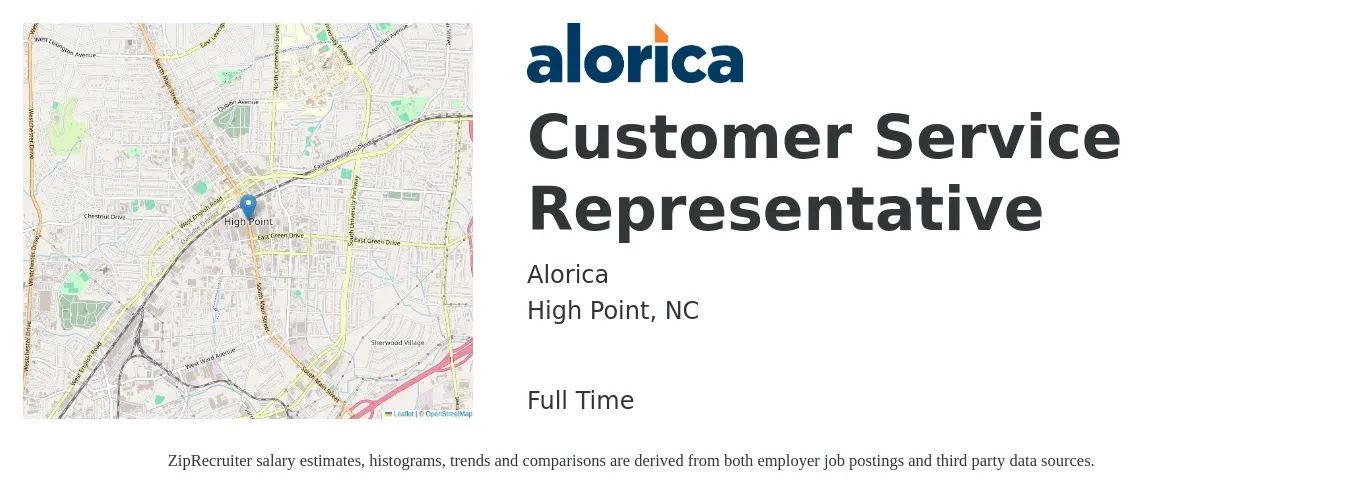 Alorica job posting for a Customer Service Representative in High Point, NC with a salary of $16 Hourly with a map of High Point location.