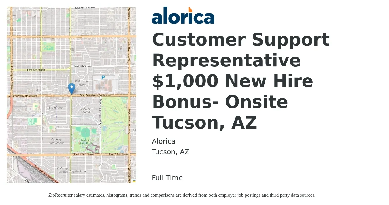 Alorica job posting for a Customer Support Representative $1,000 New Hire Bonus- Onsite Tucson, AZ in Tucson, AZ with a salary of $17 Hourly with a map of Tucson location.