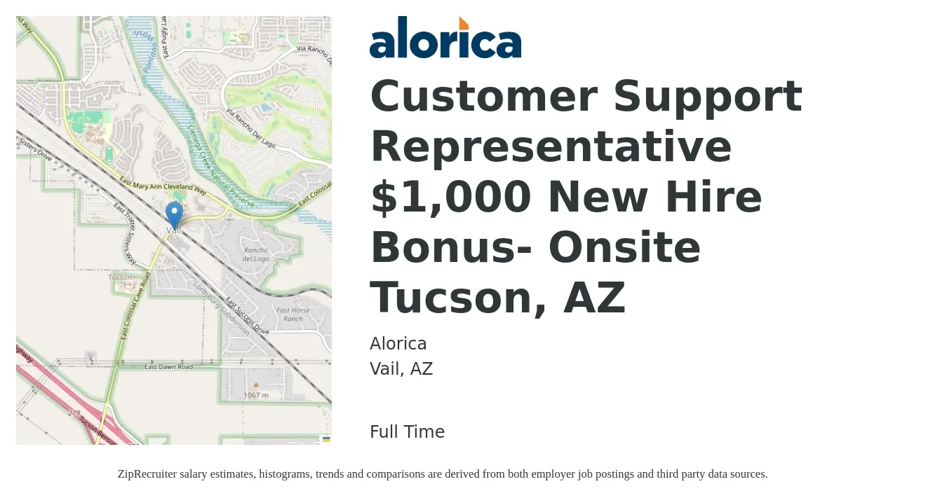 Alorica job posting for a Customer Support Representative $1,000 New Hire Bonus- Onsite Tucson, AZ in Vail, AZ with a salary of $17 Hourly with a map of Vail location.