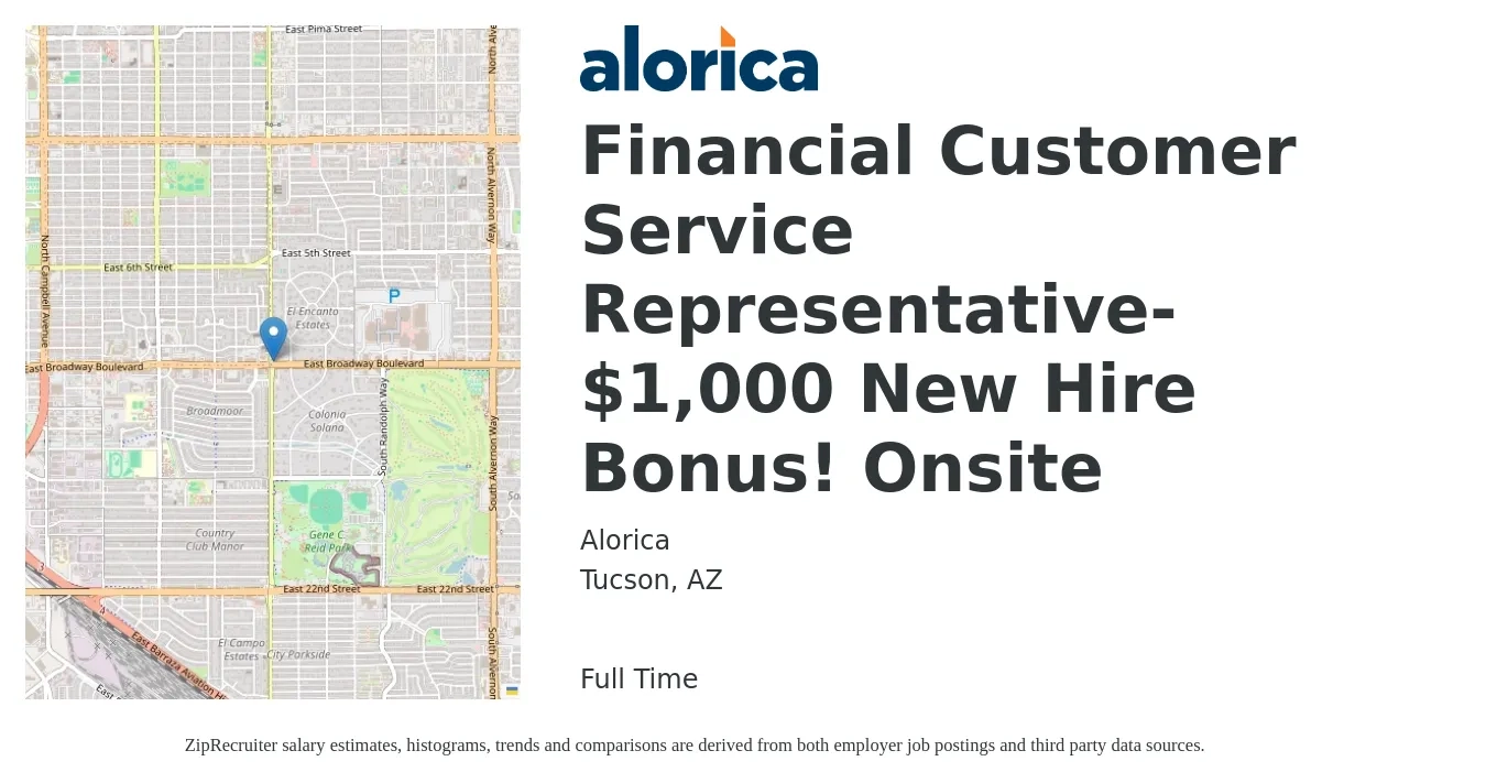 Alorica job posting for a Financial Customer Service Representative- $1,000 New Hire Bonus! Onsite in Tucson, AZ with a salary of $17 Hourly with a map of Tucson location.