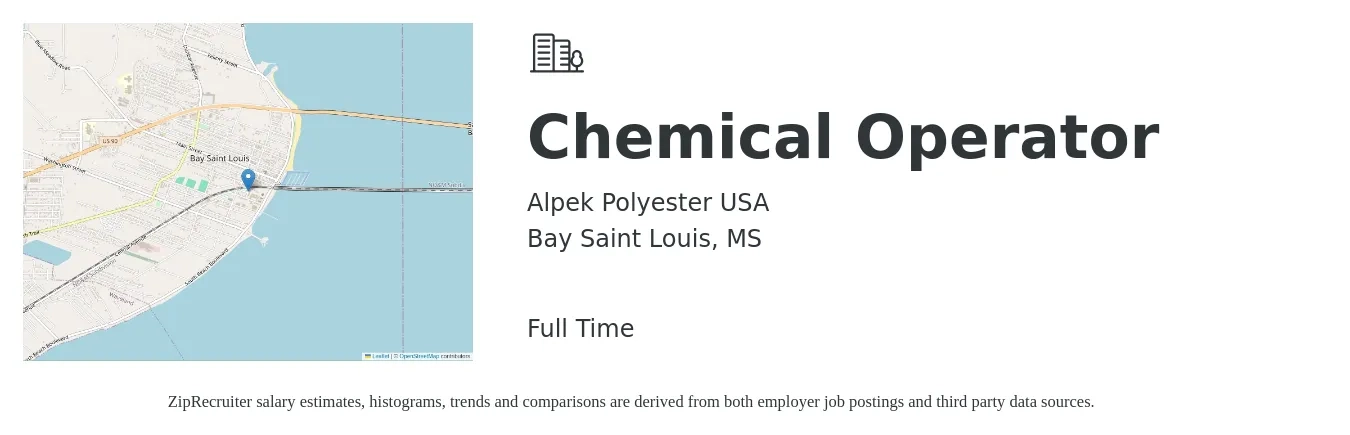 Alpek Polyester USA job posting for a Chemical Operator in Bay Saint Louis, MS with a salary of $16 to $18 Hourly with a map of Bay Saint Louis location.