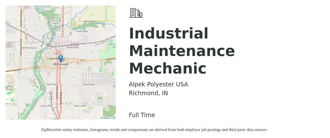 Alpek Polyester USA job posting for a Industrial Maintenance Mechanic in Richmond, IN with a salary of $23 to $28 Hourly with a map of Richmond location.