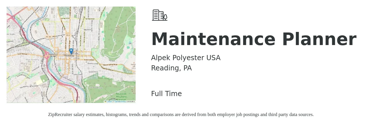 Alpek Polyester USA job posting for a Maintenance Planner in Reading, PA with a salary of $28 to $42 Hourly with a map of Reading location.