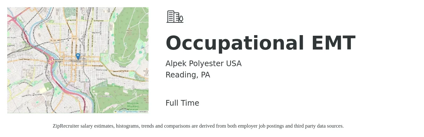 Alpek Polyester USA job posting for a Occupational EMT in Reading, PA with a salary of $21 to $29 Hourly with a map of Reading location.