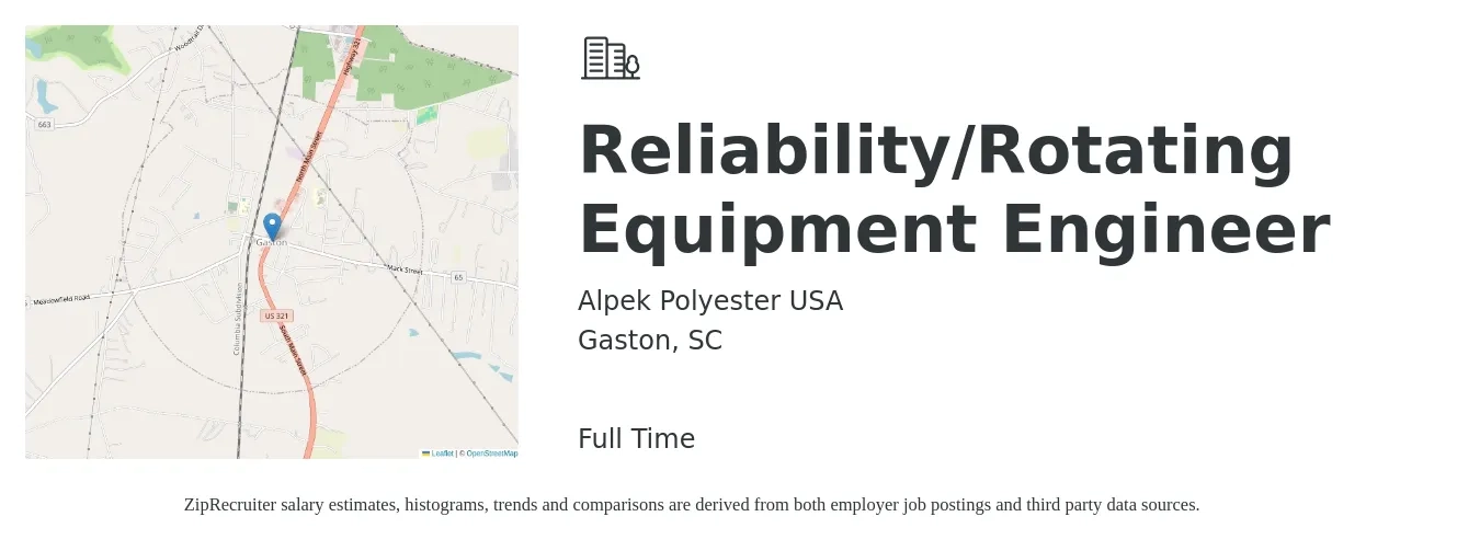 Alpek Polyester USA job posting for a Reliability/Rotating Equipment Engineer in Gaston, SC with a salary of $97,600 to $122,900 Yearly with a map of Gaston location.