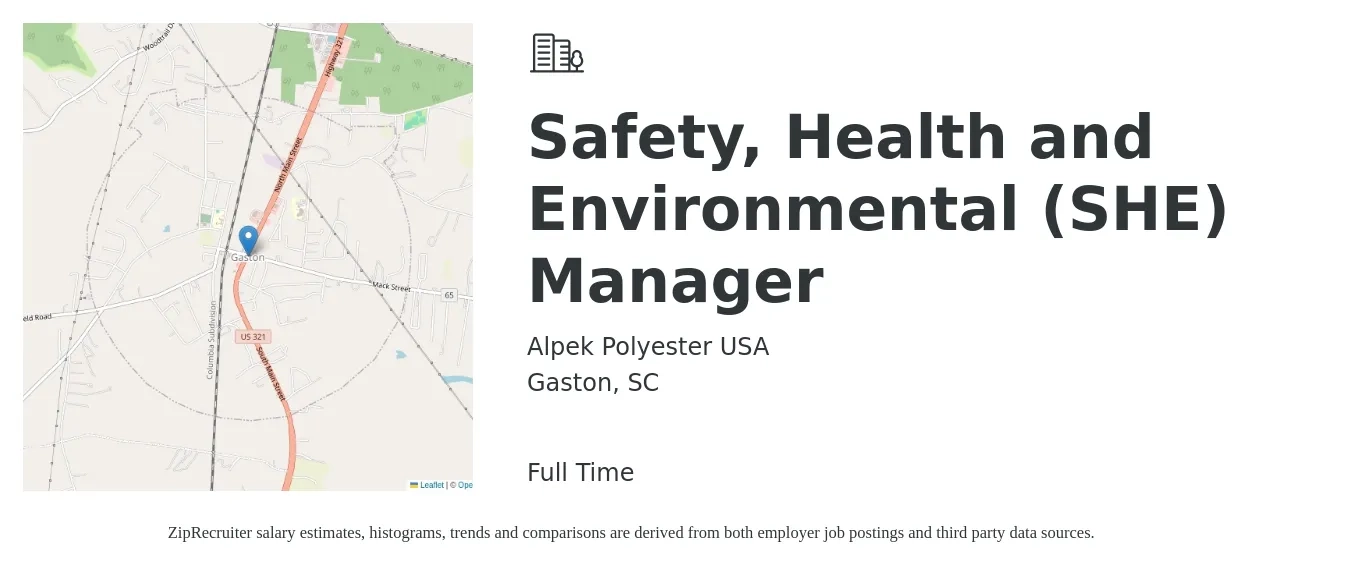 Alpek Polyester USA job posting for a Safety, Health and Environmental (SHE) Manager in Gaston, SC with a salary of $79,100 to $107,200 Yearly with a map of Gaston location.