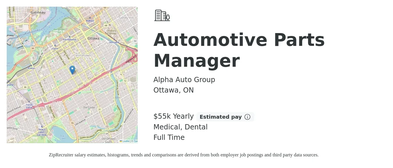 Alpha Auto Group job posting for a Automotive Parts Manager in Ottawa, ON with a salary of $55,000 Yearly (plus commission) and benefits including dental, life_insurance, medical, and pto with a map of Ottawa location.