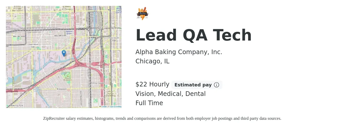 Alpha Baking Company, Inc. job posting for a Lead QA Tech in Chicago, IL with a salary of $32 to $66 Hourly with a map of Chicago location.