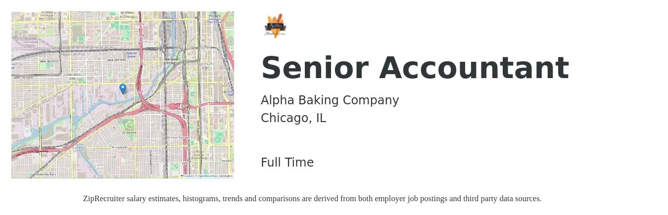 Alpha Baking Company, Inc. job posting for a Senior Accountant in Chicago, IL with a salary of $72,700 to $91,400 Yearly with a map of Chicago location.