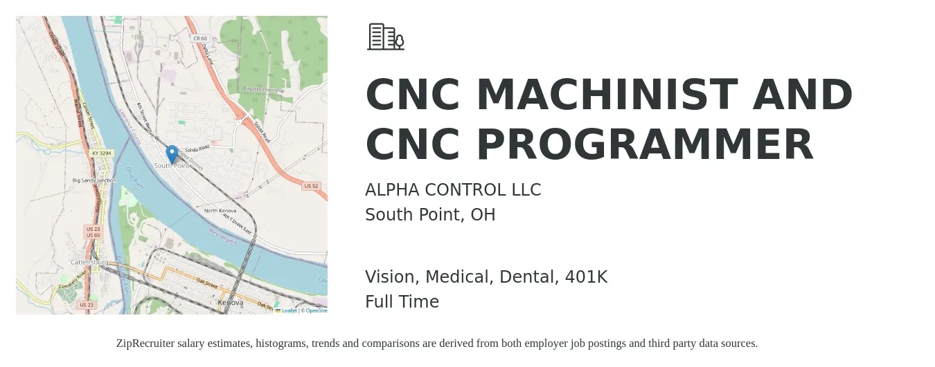 ALPHA CONTROL LLC job posting for a CNC MACHINIST AND CNC PROGRAMMER in South Point, OH with a salary of $17 to $23 Hourly and benefits including 401k, dental, medical, and vision with a map of South Point location.
