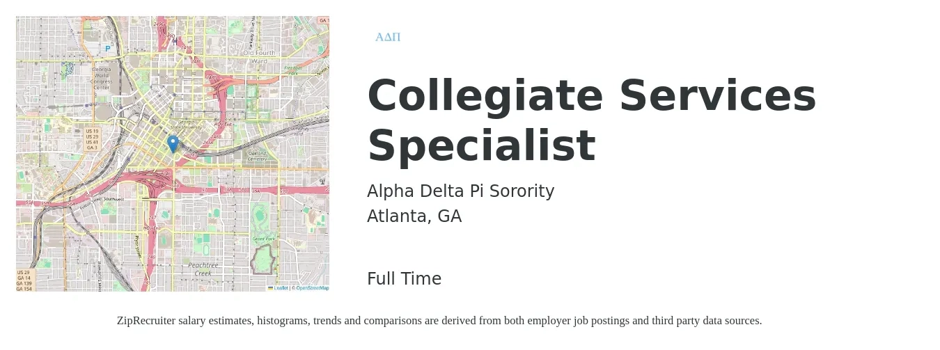 Alpha Delta Pi Sorority job posting for a Collegiate Services Specialist in Atlanta, GA with a salary of $34,200 to $39,200 Yearly with a map of Atlanta location.