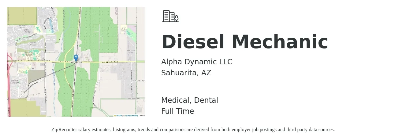 Alpha Dynamic LLC job posting for a Diesel Mechanic in Sahuarita, AZ with a salary of $24 to $31 Hourly and benefits including life_insurance, medical, pto, and dental with a map of Sahuarita location.