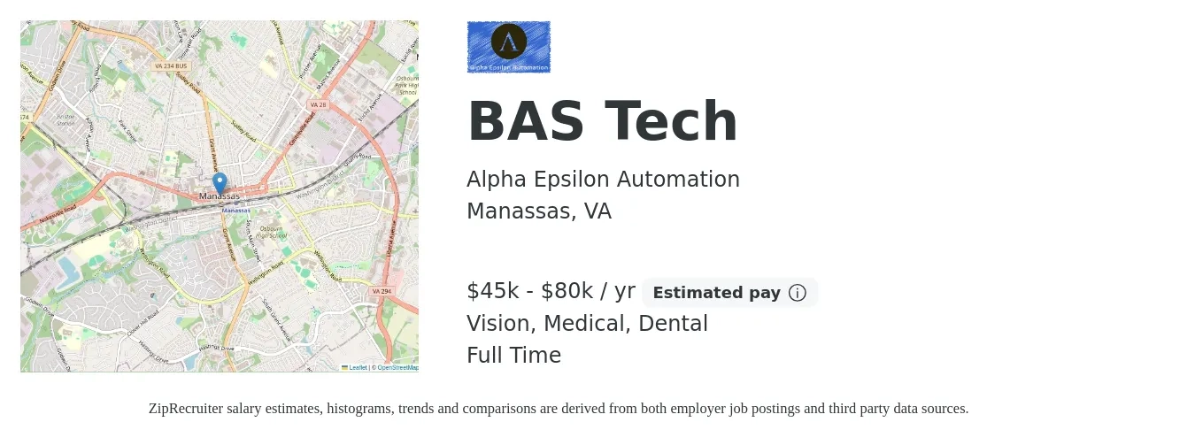 Alpha Epsilon Automation job posting for a BAS Tech in Manassas, VA with a salary of $45,000 to $80,000 Yearly and benefits including vision, dental, and medical with a map of Manassas location.