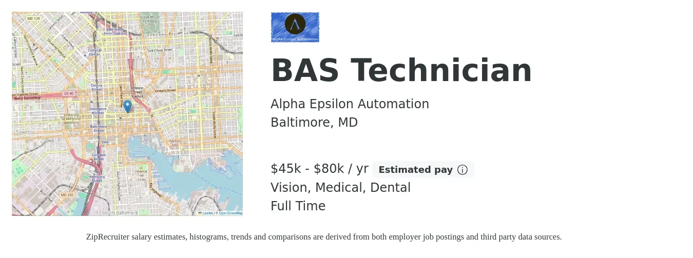 Alpha Epsilon Automation job posting for a BAS Technician in Baltimore, MD with a salary of $45,000 to $80,000 Yearly and benefits including vision, dental, and medical with a map of Baltimore location.