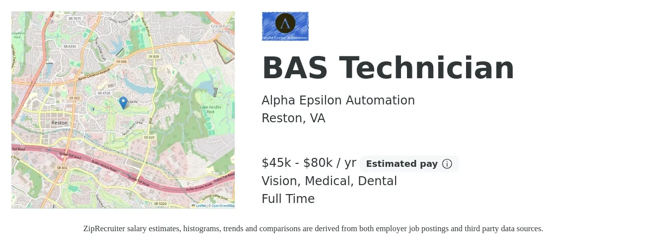 Alpha Epsilon Automation job posting for a BAS Technician in Reston, VA with a salary of $45,000 to $80,000 Yearly and benefits including medical, vision, and dental with a map of Reston location.