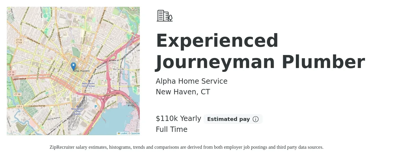 Alpha Home Service job posting for a Experienced Journeyman Plumber in New Haven, CT with a salary of $110,000 Yearly with a map of New Haven location.