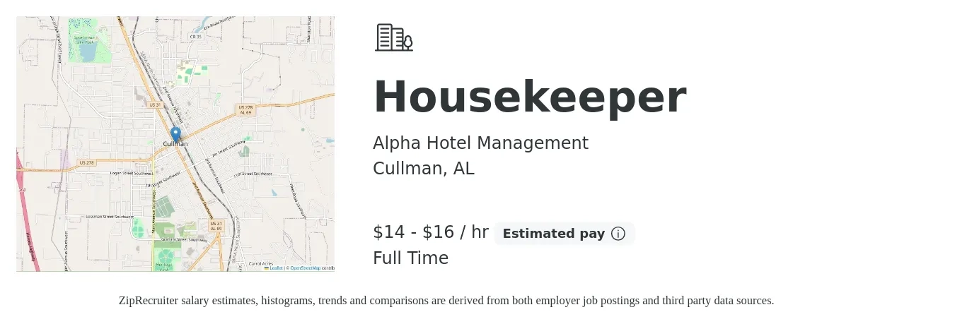 Alpha Hotel Management job posting for a Housekeeper in Cullman, AL with a salary of $15 to $17 Hourly with a map of Cullman location.