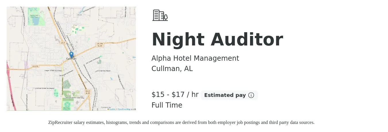 Alpha Hotel Management job posting for a Night Auditor in Cullman, AL with a salary of $16 to $18 Hourly with a map of Cullman location.