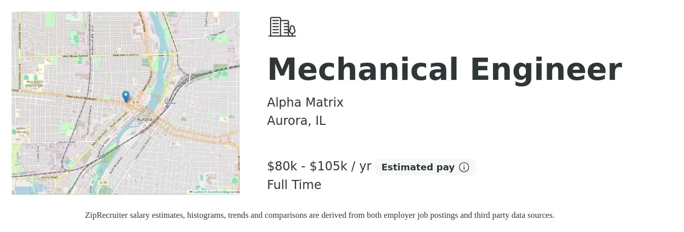 Alpha Matrix job posting for a Mechanical Engineer in Aurora, IL with a salary of $80,000 to $105,000 Yearly with a map of Aurora location.