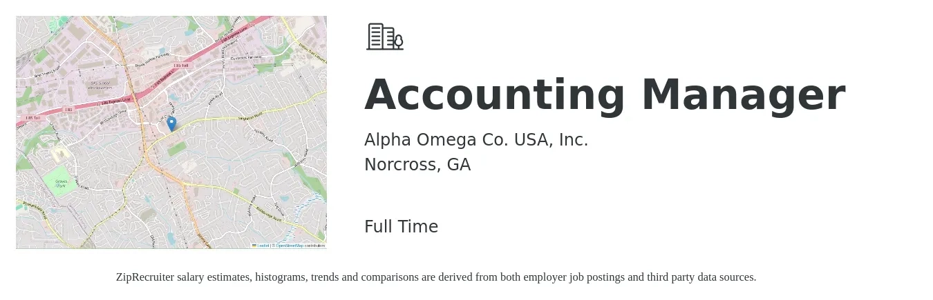 Alpha Omega Co. USA, Inc. job posting for a Accounting Manager in Norcross, GA with a salary of $73,100 to $105,000 Yearly with a map of Norcross location.