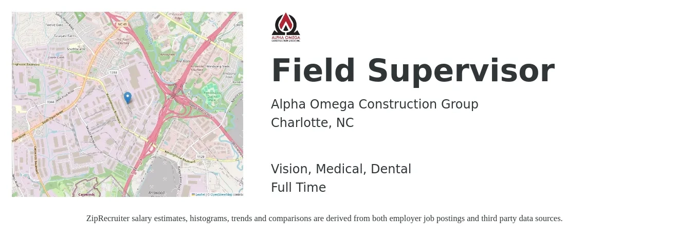 Alpha Omega Construction Group job posting for a Field Supervisor in Charlotte, NC with a salary of $20 to $28 Hourly and benefits including dental, life_insurance, medical, pto, retirement, and vision with a map of Charlotte location.