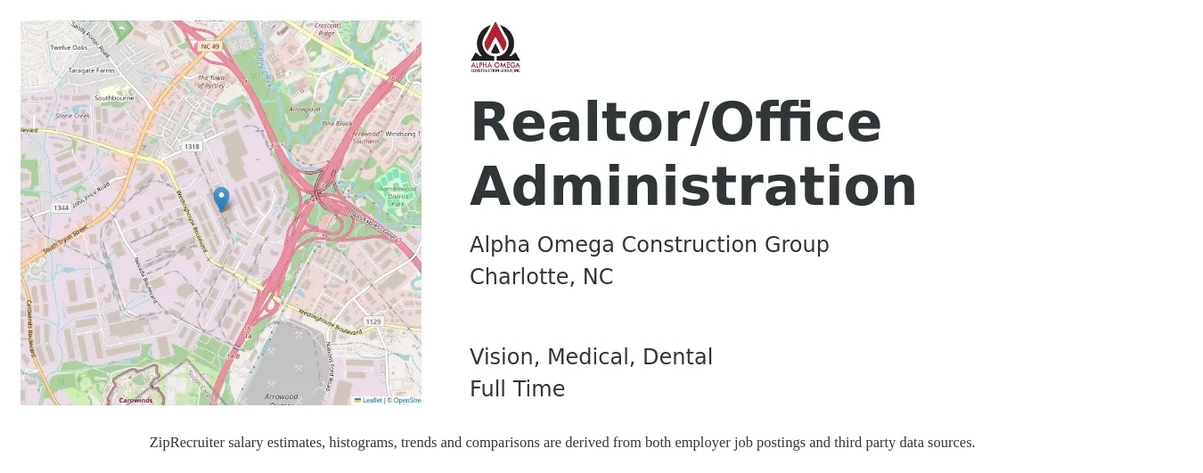 Alpha Omega Construction Group job posting for a Realtor/Office Administration in Charlotte, NC with a salary of $18 to $24 Hourly and benefits including dental, life_insurance, medical, pto, retirement, and vision with a map of Charlotte location.