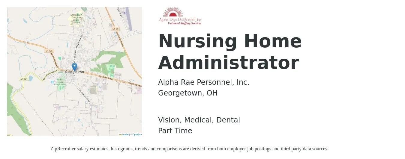 Alpha Rae Personnel, Inc. job posting for a Nursing Home Administrator in Georgetown, OH with a salary of $97,400 to $128,200 Yearly and benefits including dental, life_insurance, medical, retirement, and vision with a map of Georgetown location.