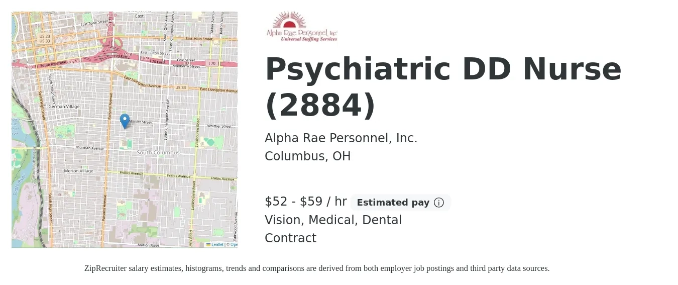 Alpha Rae Personnel, Inc. job posting for a Psychiatric DD Nurse (2884) in Columbus, OH with a salary of $55 to $62 Hourly and benefits including medical, retirement, vision, dental, and life_insurance with a map of Columbus location.