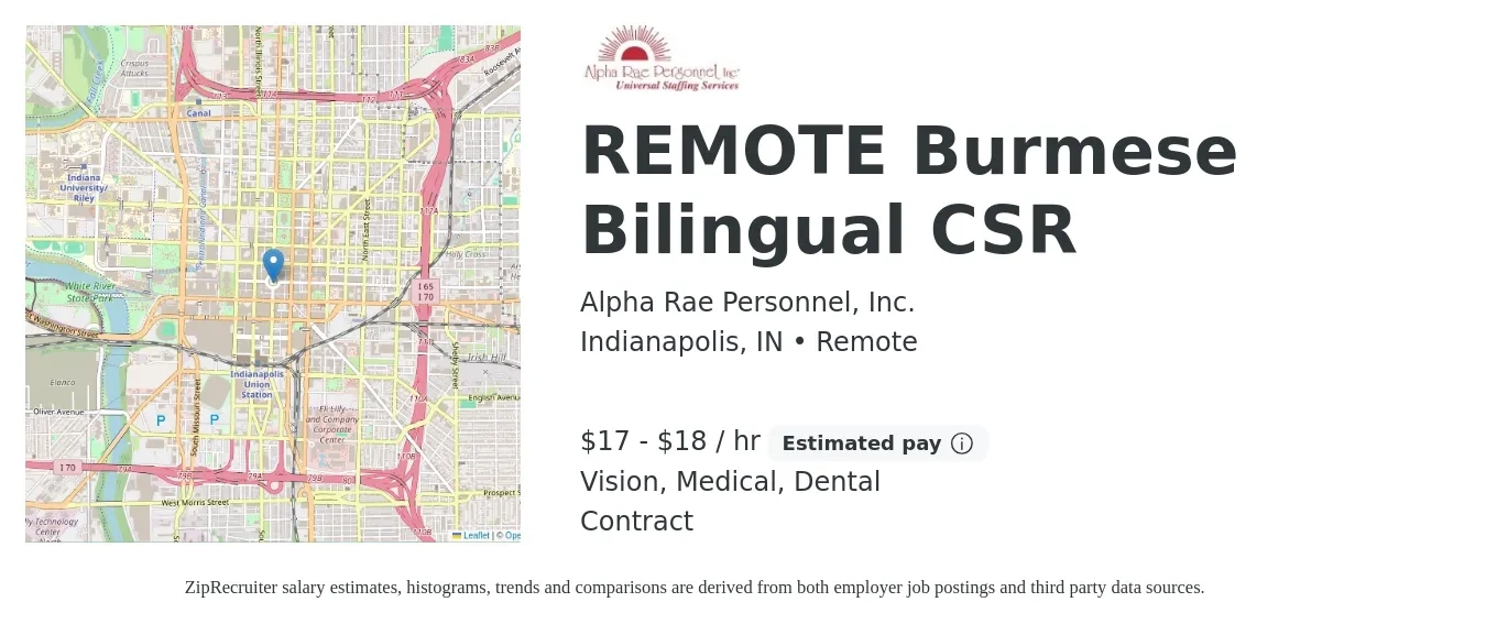 Alpha Rae Personnel, Inc. job posting for a REMOTE Burmese Bilingual CSR in Indianapolis, IN with a salary of $18 to $19 Hourly and benefits including medical, retirement, vision, dental, and life_insurance with a map of Indianapolis location.