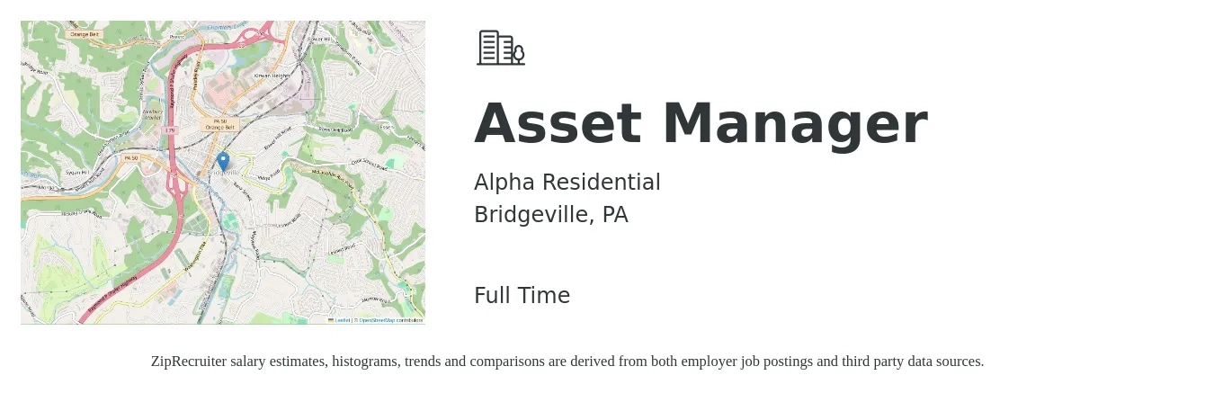 Alpha Residential job posting for a Asset Manager in Bridgeville, PA with a salary of $71,100 to $104,000 Yearly with a map of Bridgeville location.