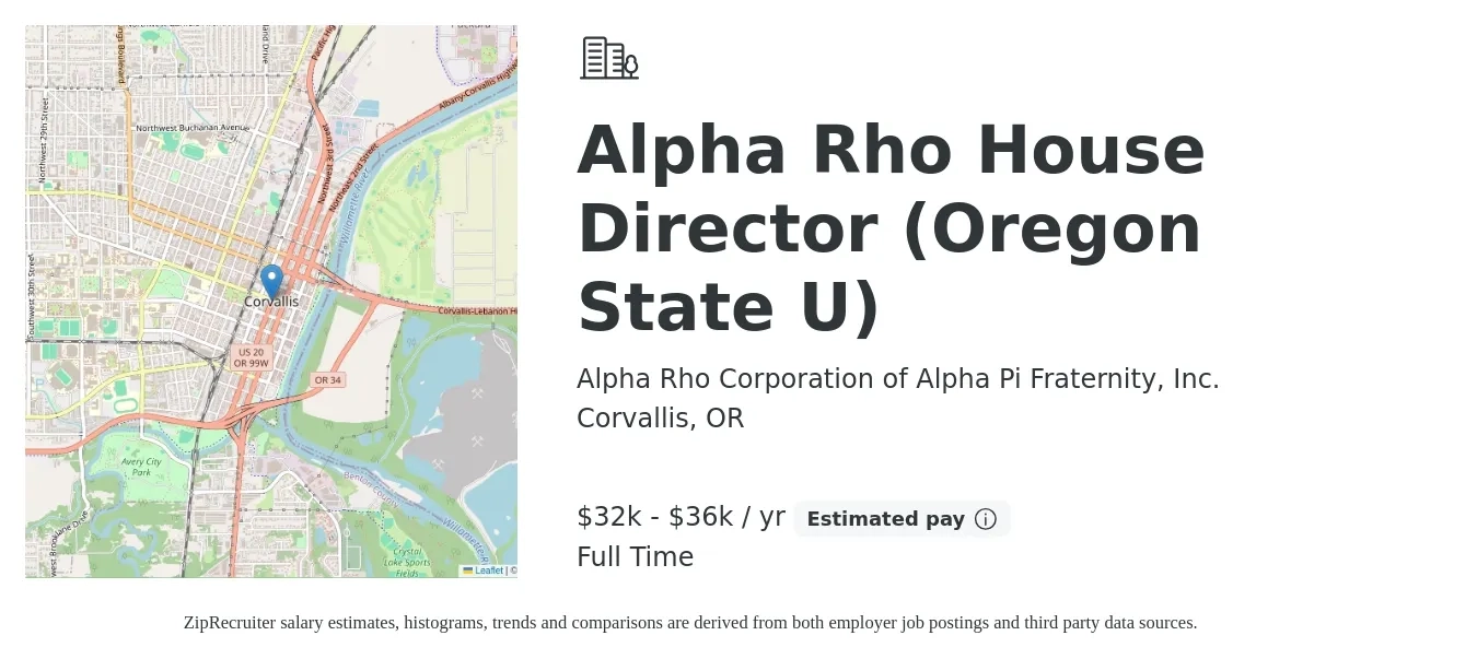 Alpha Rho Corporation of Alpha Pi Fraternity, Inc. job posting for a Alpha Rho House Director (Oregon State U) in Corvallis, OR with a salary of $32,000 to $36,000 Yearly with a map of Corvallis location.