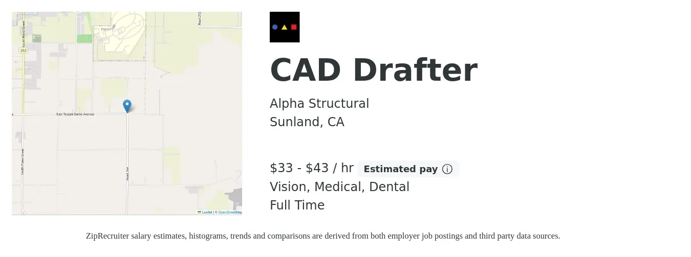 Alpha Structural job posting for a CAD Drafter in Sunland, CA with a salary of $35 to $45 Hourly and benefits including retirement, vision, dental, and medical with a map of Sunland location.