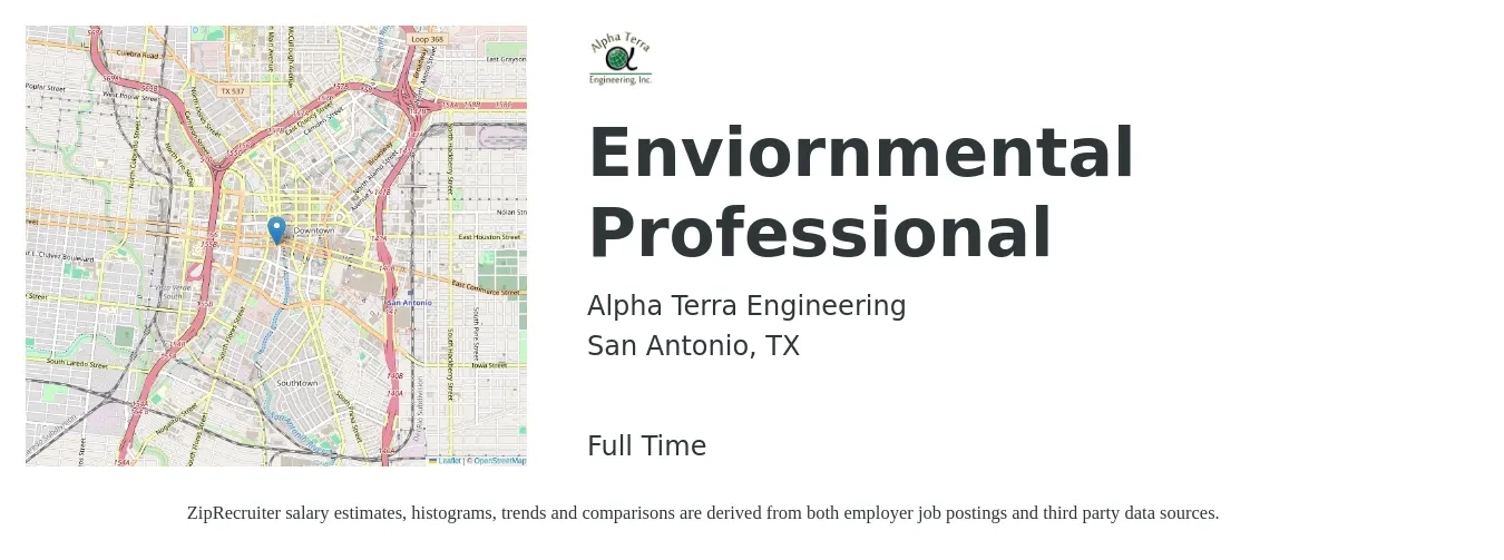Alpha Terra Engineering job posting for a Enviornmental Professional in San Antonio, TX with a salary of $48,100 to $68,800 Yearly with a map of San Antonio location.