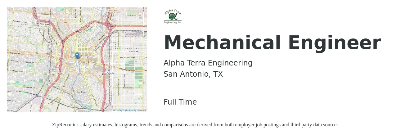 Alpha Terra Engineering job posting for a Mechanical Engineer in San Antonio, TX with a salary of $70,100 to $108,800 Yearly with a map of San Antonio location.