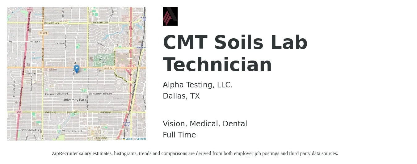 Alpha Testing, LLC. job posting for a CMT Soils Lab Technician in Dallas, TX with a salary of $20 to $29 Hourly and benefits including medical, retirement, vision, dental, and life_insurance with a map of Dallas location.