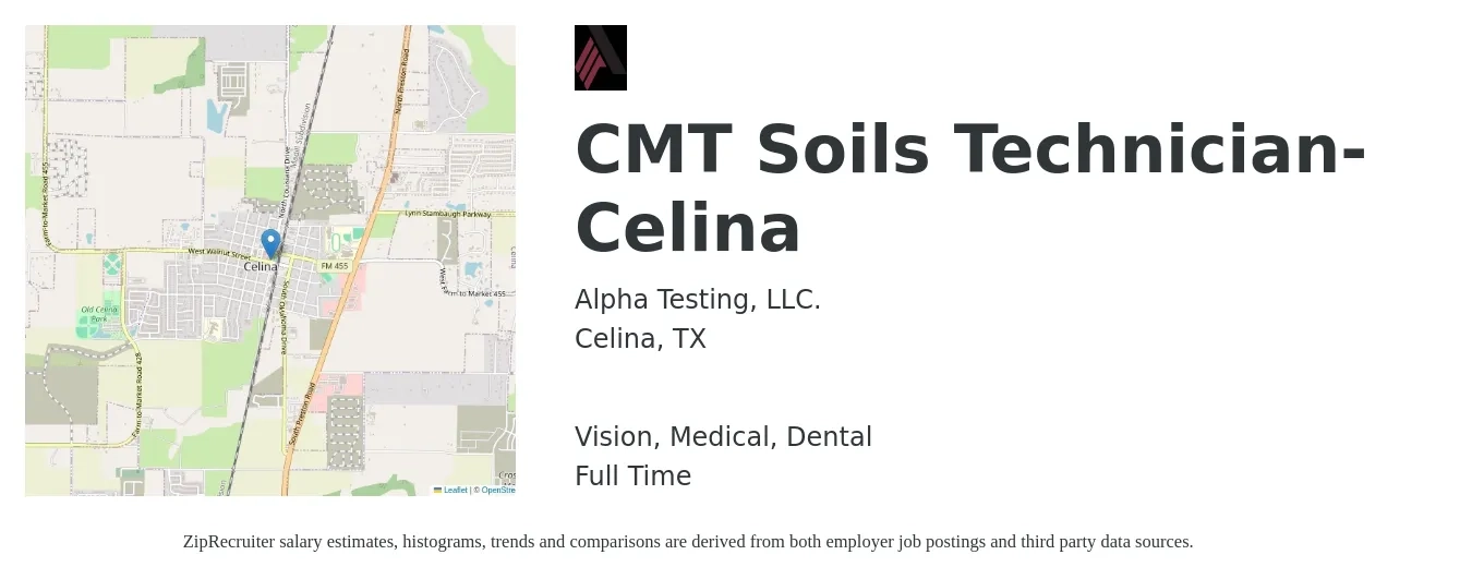 Alpha Testing, LLC. job posting for a CMT Soils Technician- Celina in Celina, TX with a salary of $16 to $20 Hourly and benefits including dental, life_insurance, medical, retirement, and vision with a map of Celina location.