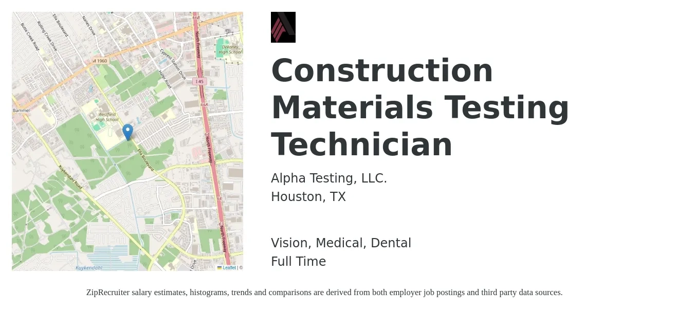 Alpha Testing, LLC. job posting for a Construction Materials Testing Technician in Houston, TX with a salary of $18 to $24 Hourly and benefits including retirement, vision, dental, life_insurance, and medical with a map of Houston location.