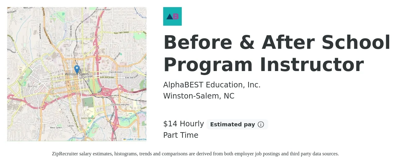 AlphaBEST Education, Inc. job posting for a Before & After School Program Instructor in Winston-Salem, NC with a salary of $15 Hourly with a map of Winston-Salem location.
