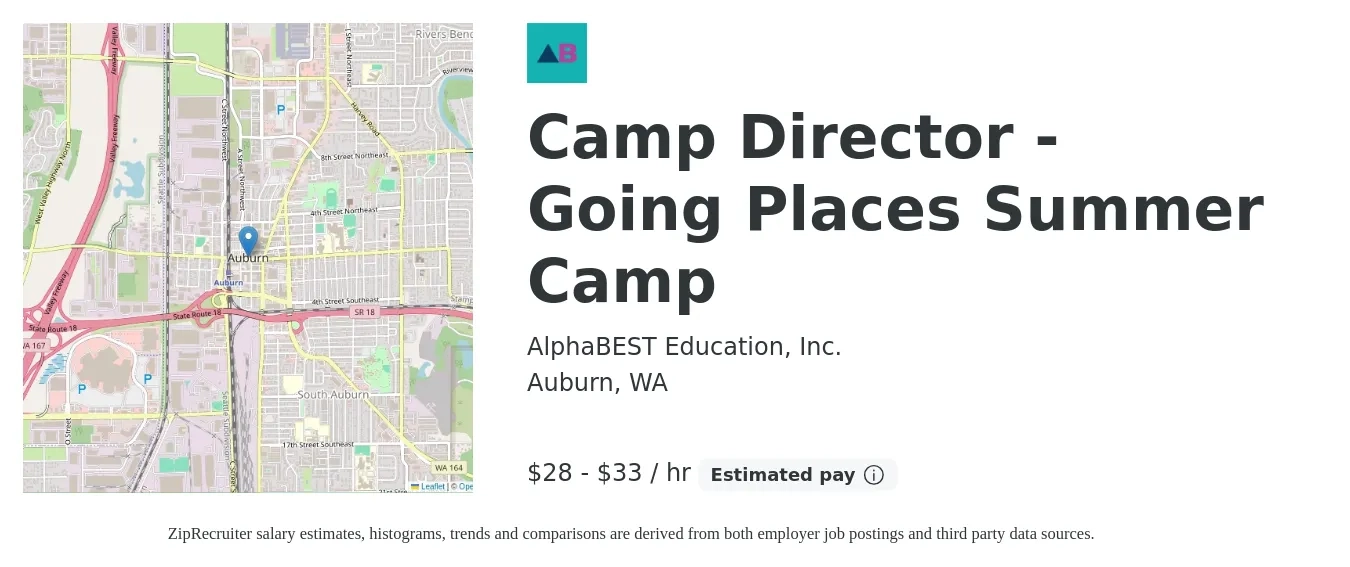 AlphaBEST Education, Inc. job posting for a Camp Director - Going Places Summer Camp in Auburn, WA with a salary of $30 to $35 Hourly with a map of Auburn location.