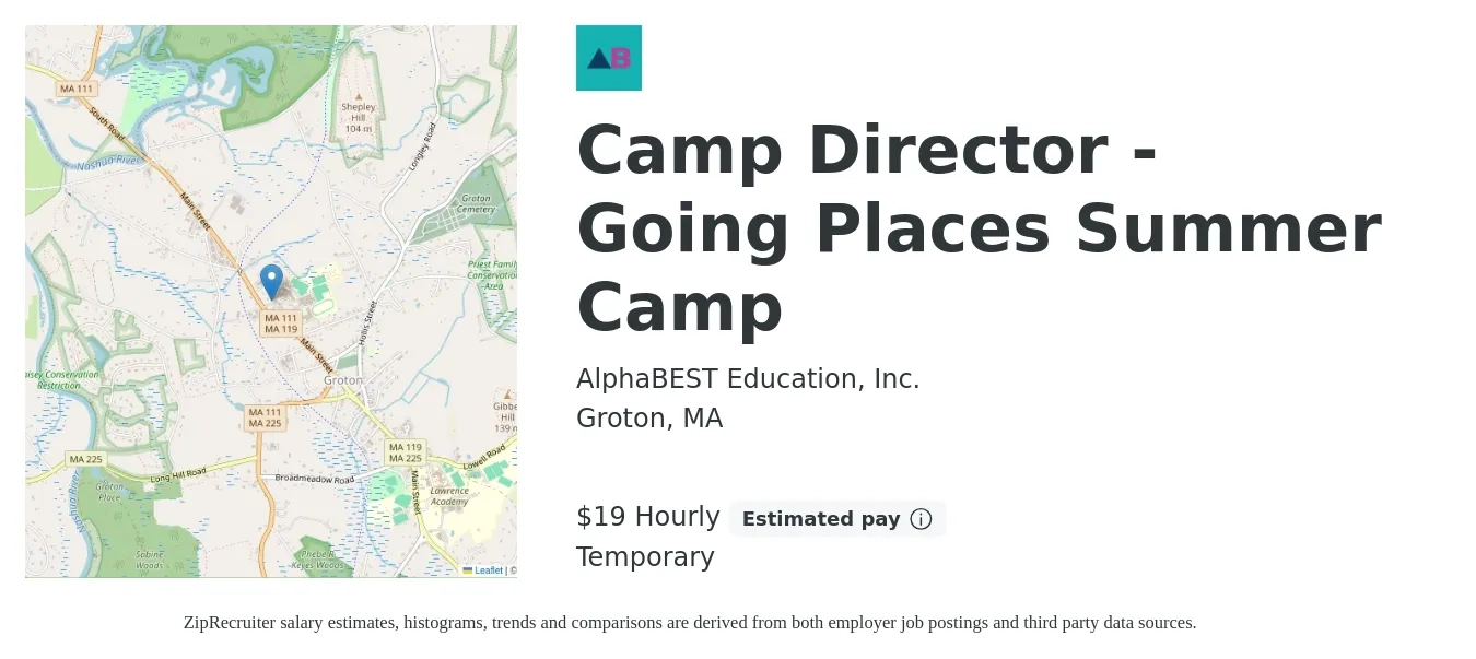 AlphaBEST Education, Inc. job posting for a Camp Director - Going Places Summer Camp in Groton, MA with a salary of $20 to $28 Hourly with a map of Groton location.