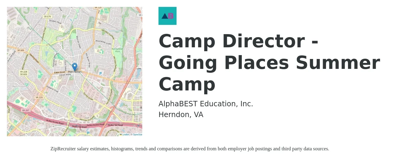 AlphaBEST Education, Inc. job posting for a Camp Director - Going Places Summer Camp in Herndon, VA with a salary of $19 to $26 Hourly with a map of Herndon location.