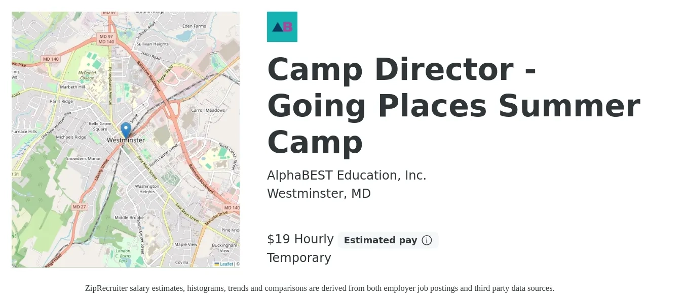 AlphaBEST Education, Inc. job posting for a Camp Director - Going Places Summer Camp in Westminster, MD with a salary of $27 Hourly with a map of Westminster location.