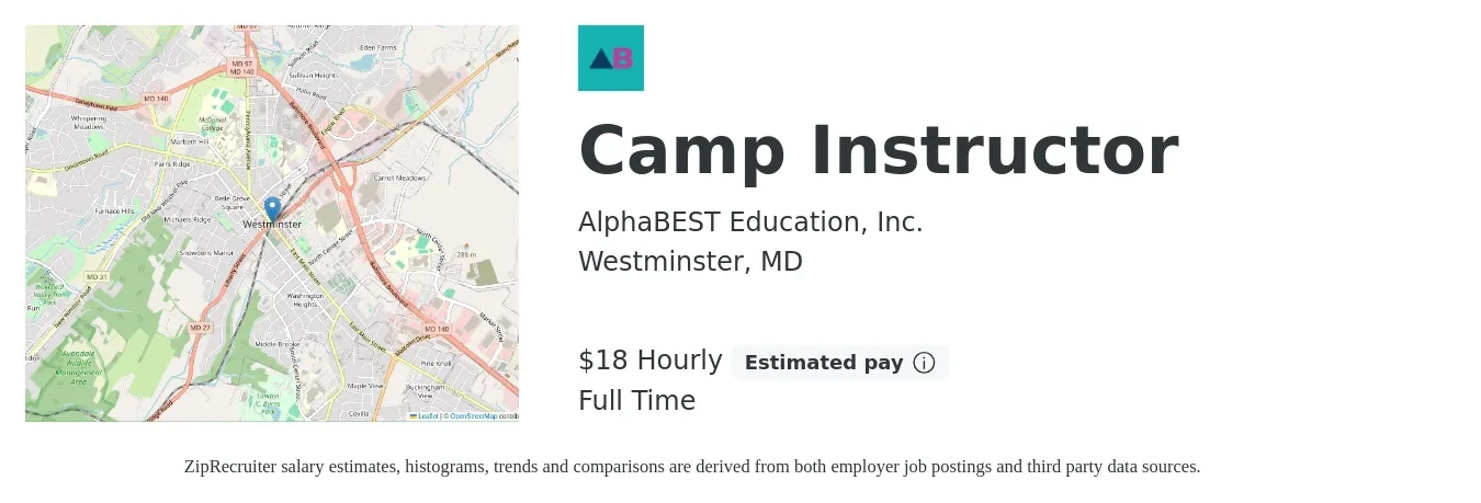 AlphaBEST Education, Inc. job posting for a Camp Instructor in Westminster, MD with a salary of $19 Hourly with a map of Westminster location.