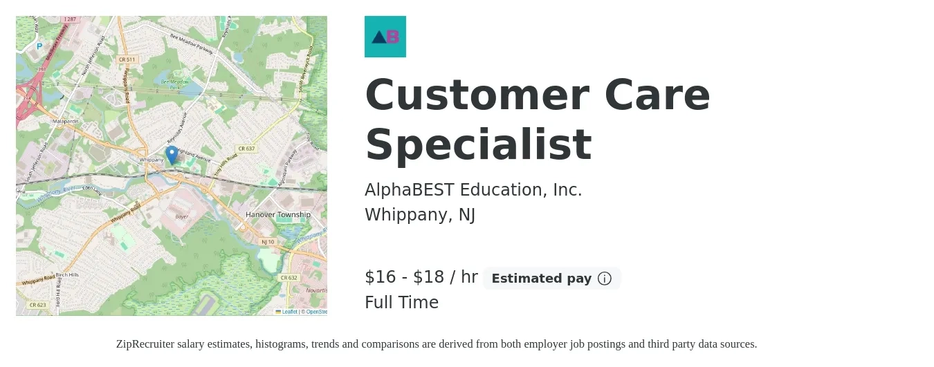 AlphaBEST Education, Inc. job posting for a Customer Care Specialist in Whippany, NJ with a salary of $17 to $19 Hourly with a map of Whippany location.